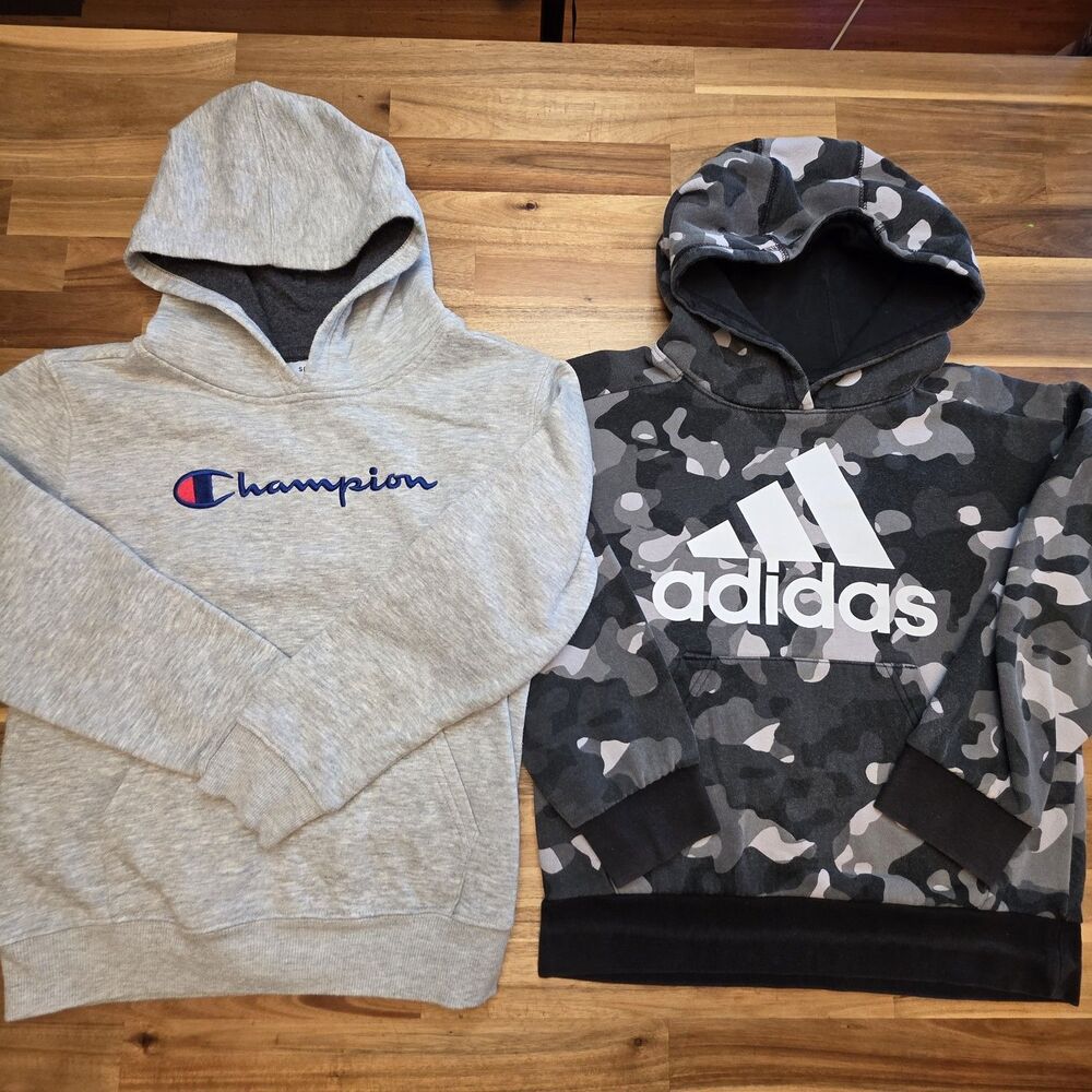 Adidas & Champion Kids Hoodie Lot 2, Camo + Gray Logo, Size S (7/8)